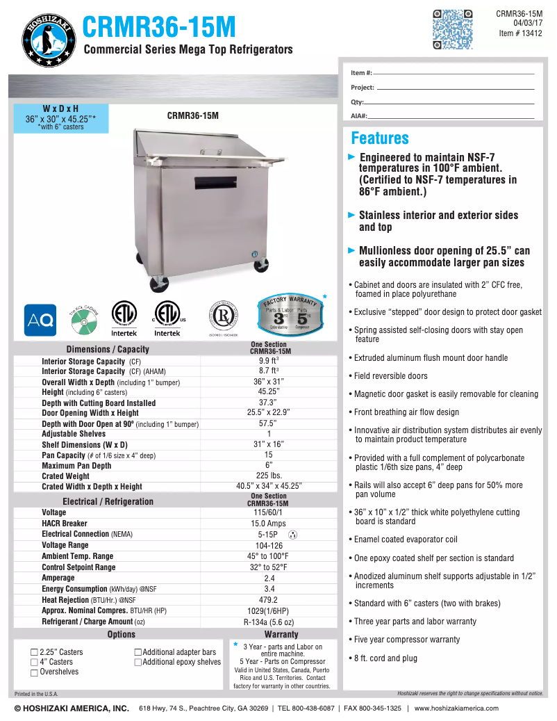 Page 1 de la notice Fiche technique Hoshizaki Commercial CRMR36