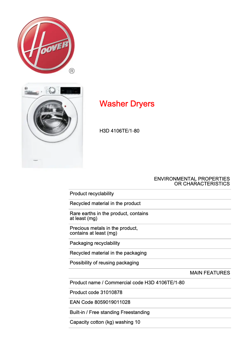 Page n°1 - Fiche technique Hoover H-WASH 300 LITE H3D 4106TE/1-80