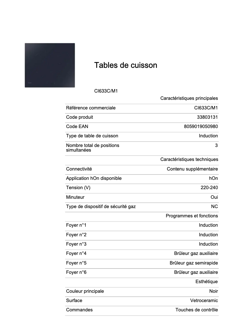 Page 1 de la notice Fiche technique Candy CI633C