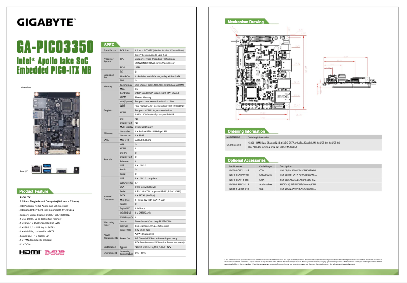 Page 1 de la notice Fiche technique Gigabyte GA-PICO3350