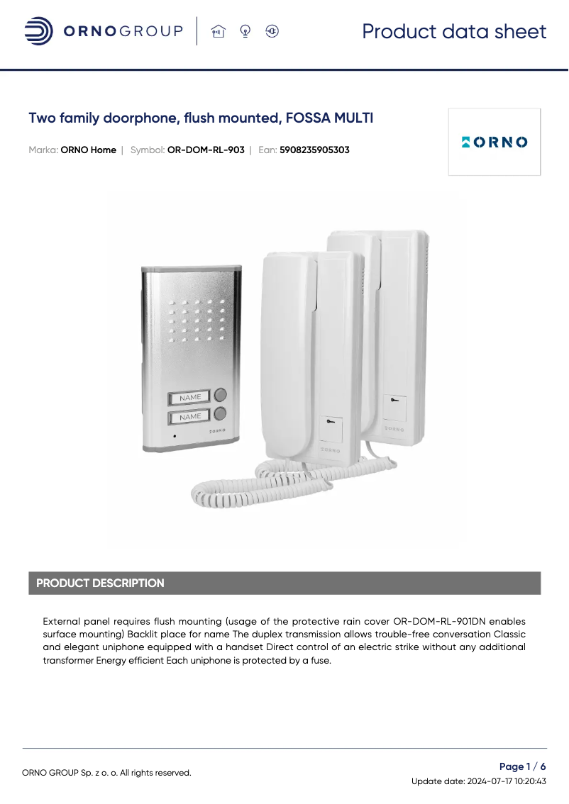 Page n°1 - Fiche technique ORNO OR-DOM-RL-903