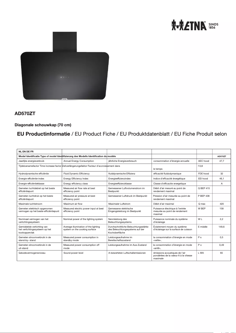 Page 1 de la notice Fiche technique Etna AD570ZT