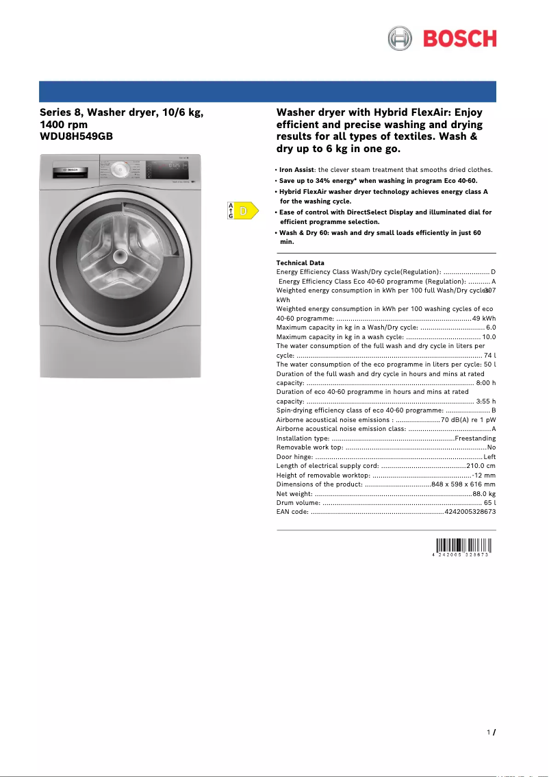 Página 1 del manual Ficha técnica Bosch WDU8H549GB