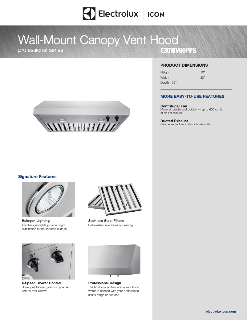 Page 1 de la notice Fiche technique Electrolux ICON E30WV60PPS