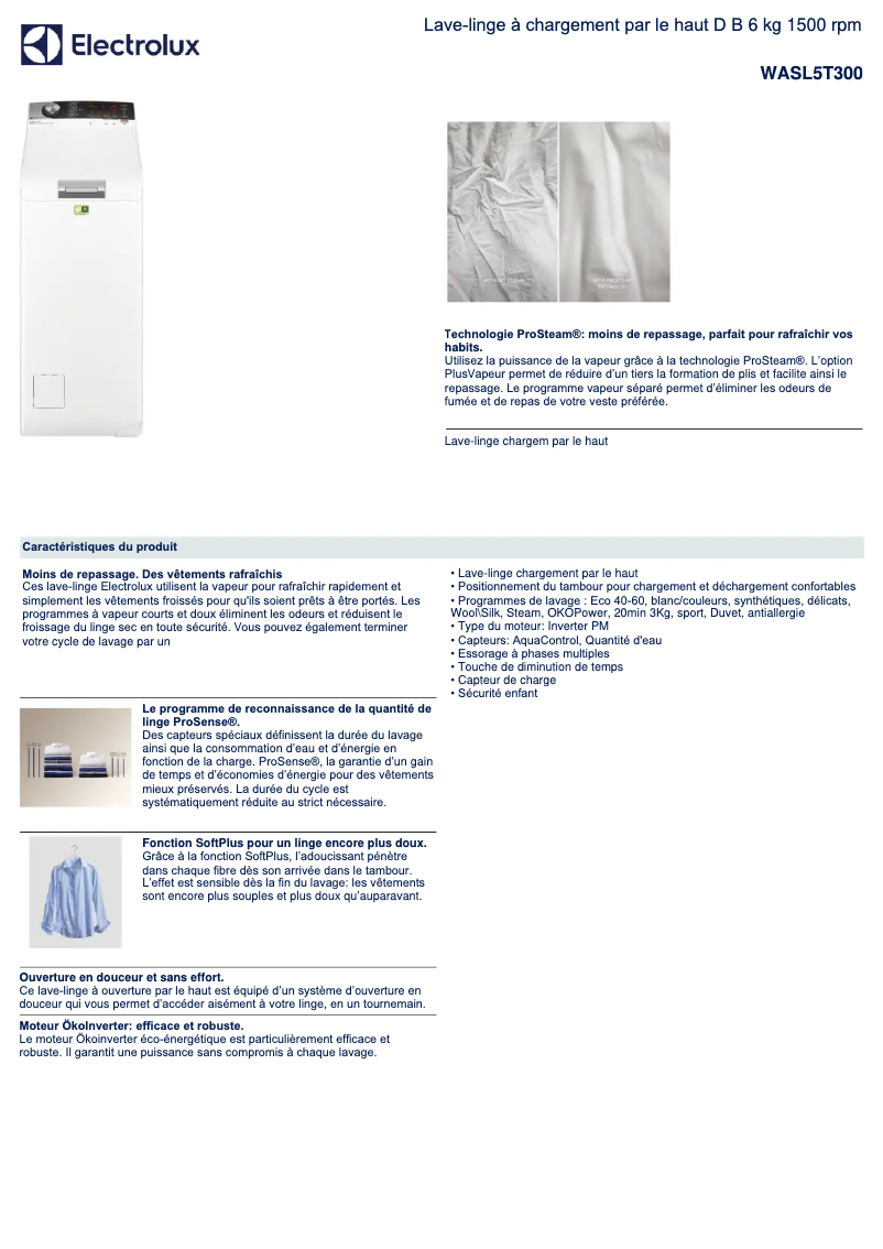 Page n°1 - Fiche technique Electrolux WASL5T300