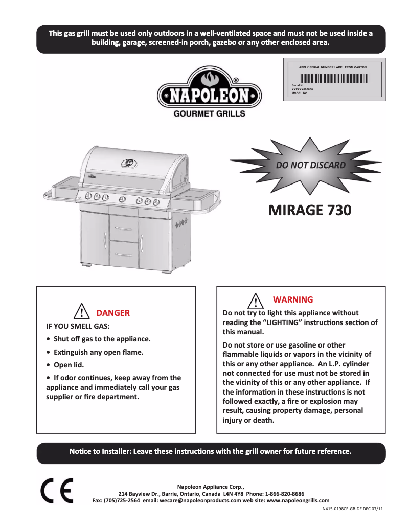 Page 1 de la notice Manuel utilisateur Napoleon MIRAGE 730