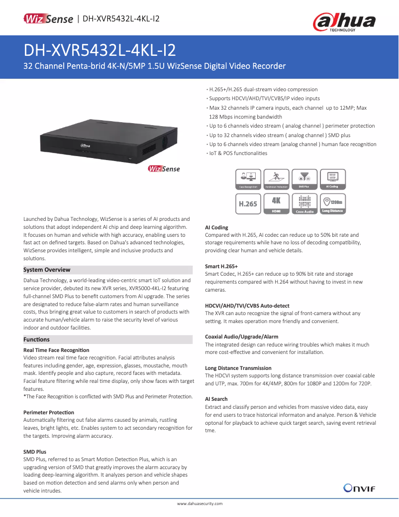 Page 1 de la notice Fiche technique Dahua Technology XVR5432L-4KL-I2
