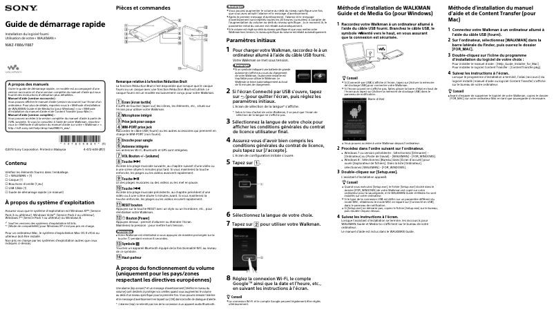 Page 1 de la notice Manuel utilisateur Sony Walkman NWZ-F887