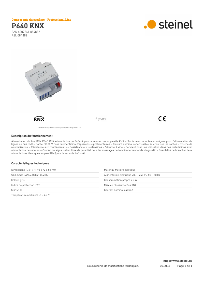 Page 1 de la notice Fiche technique Steinel P640 KNX