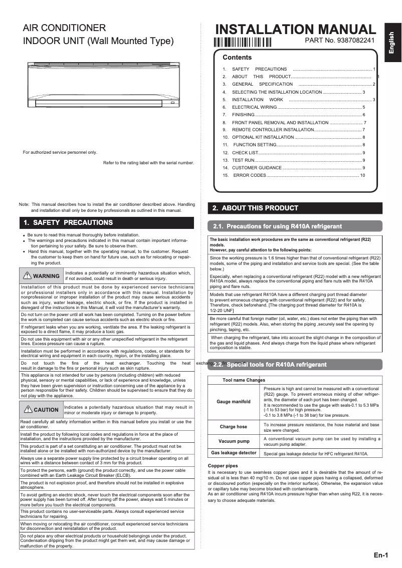 Image de la première page du manuel de l'appareil ASGA18FUTC-B