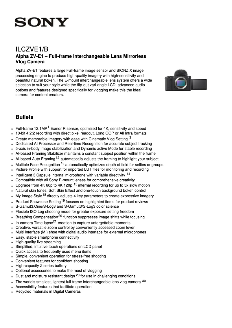 Page n°1 - Fiche technique Sony ZV-E1L