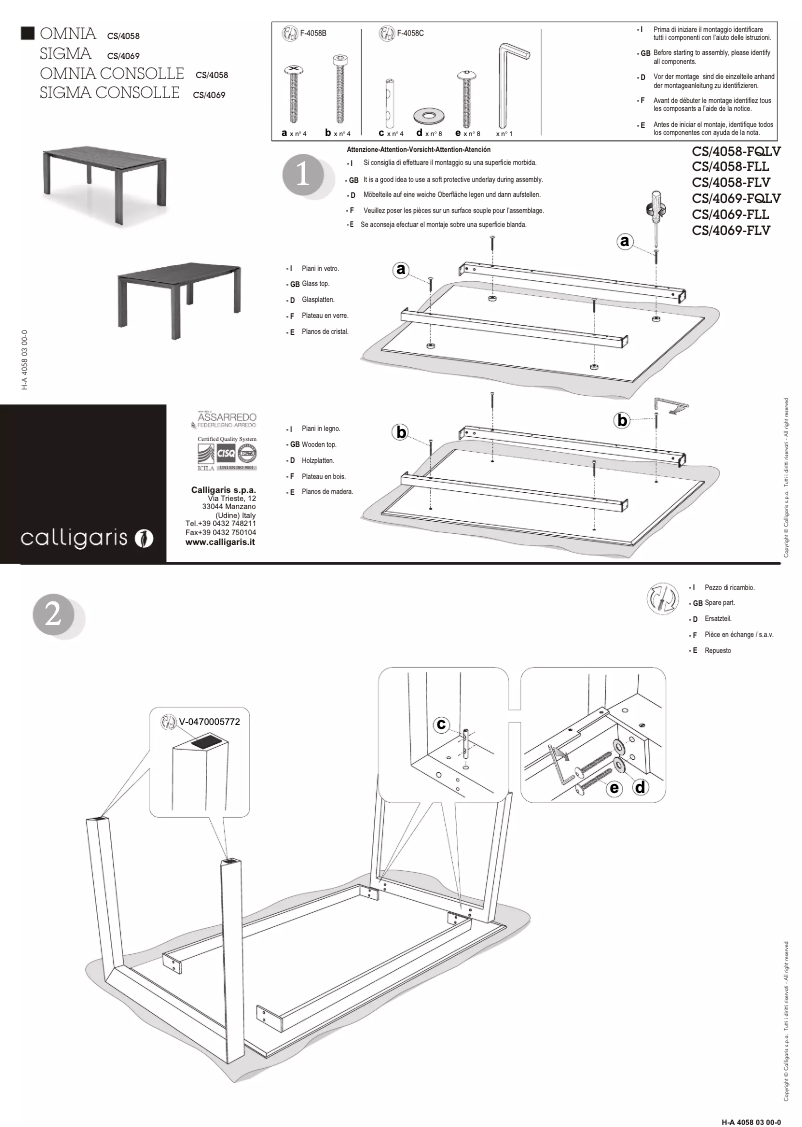 Page 1 of the manual User Manual Calligaris .com Sigma Consolle CS/4069-LL 90