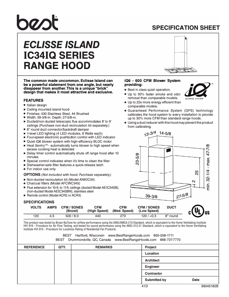 Página 1 del manual Ficha técnica Best Eclisse IC34IQ100SB