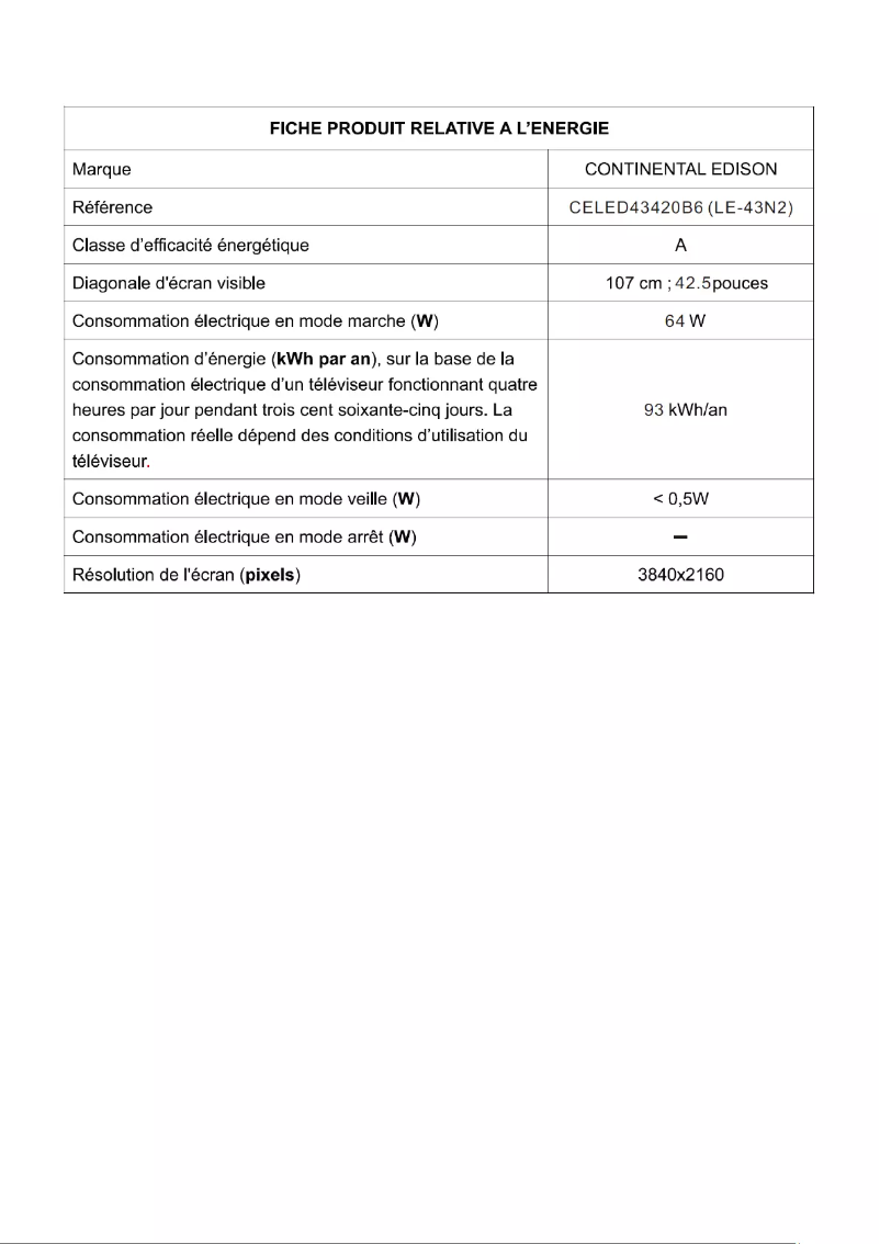 Page 1 de la notice Label énergétique Continental Edison CELED43420B6