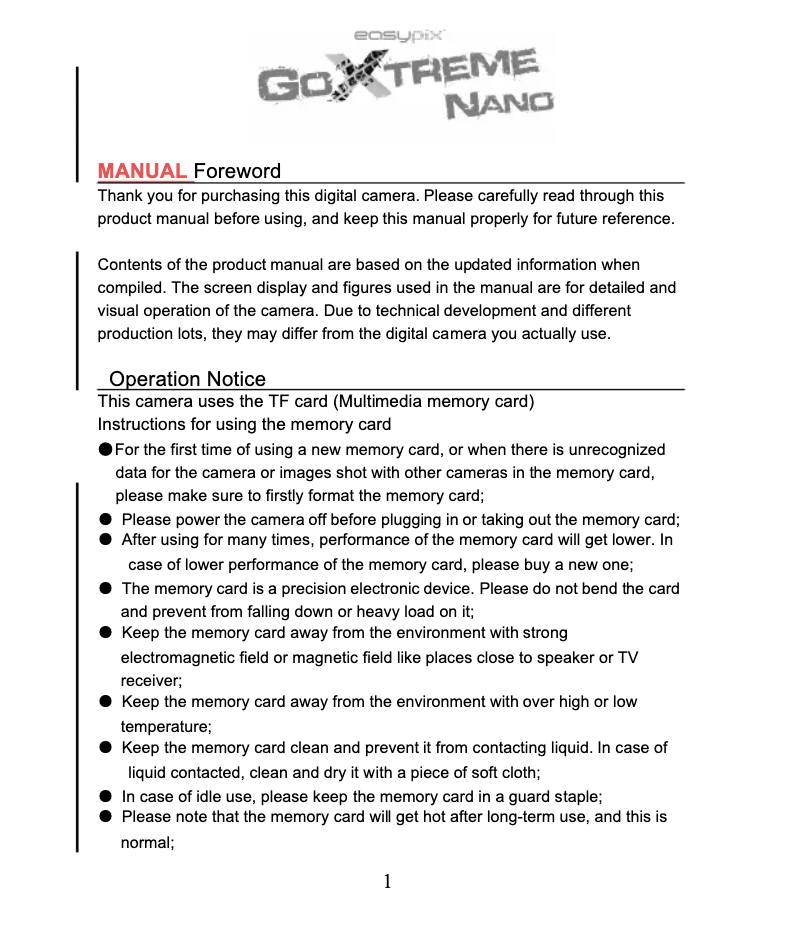 Page n°1 - Manuel utilisateur Easypix GoXtreme Nano
