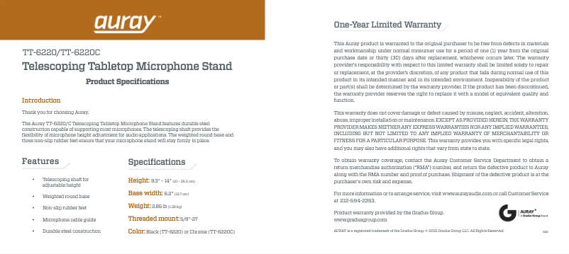 Page 1 de la notice Manuel utilisateur Auray TT-6220