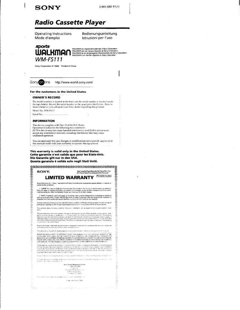 Page 1 de la notice Manuel utilisateur Sony Walkman WM-FS111