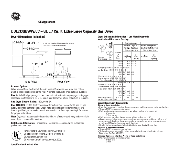 Page n°1 - Fiche technique GE DBL333GBWW
