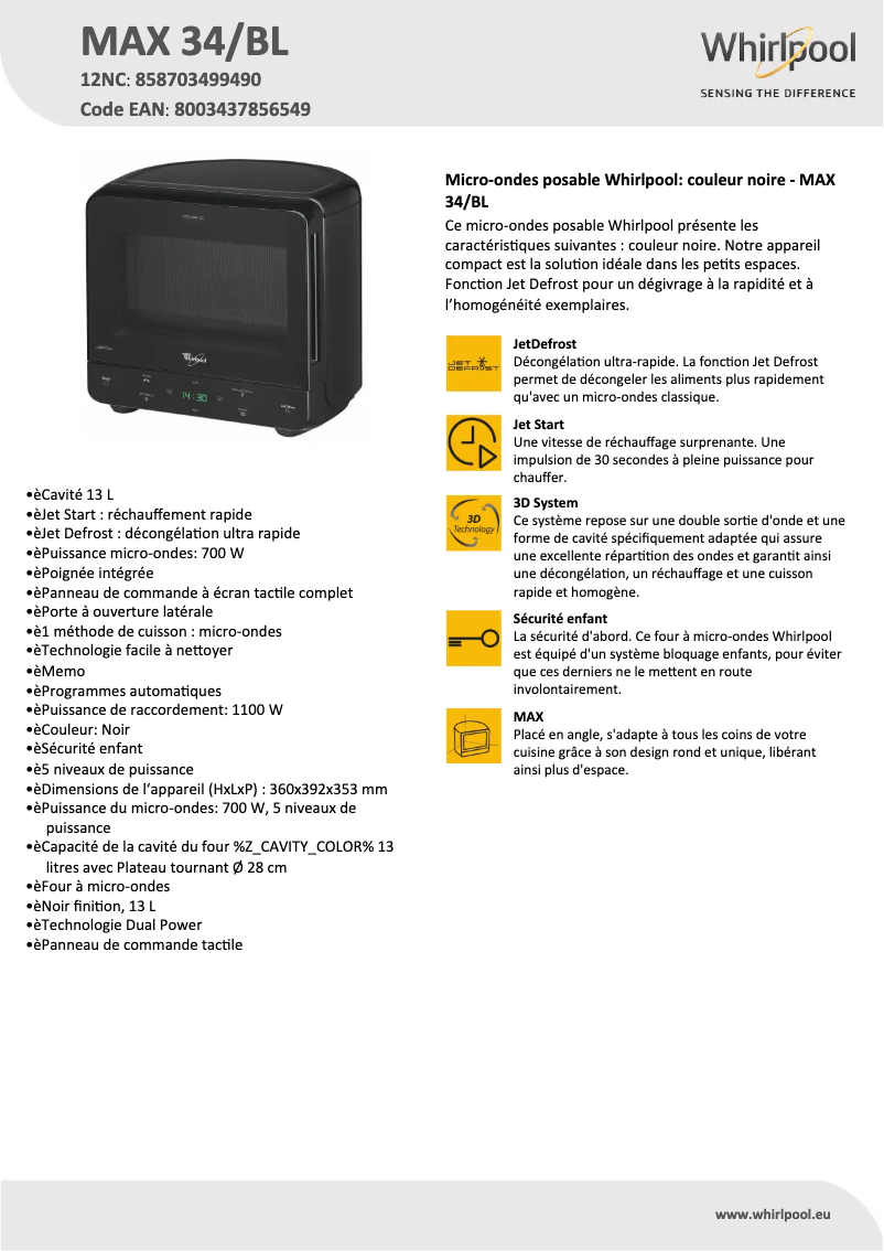 Page 1 de la notice Fiche technique Whirlpool MAX 34/BL