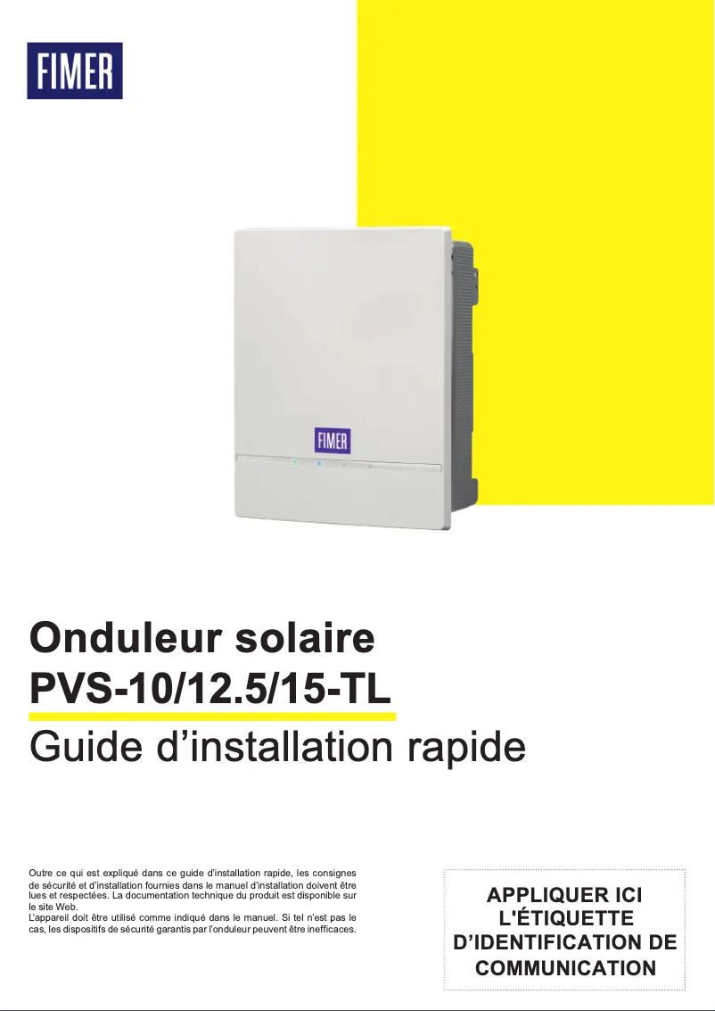 Page 1 de la notice Manuel utilisateur FIMER PVS-10-TL-SX