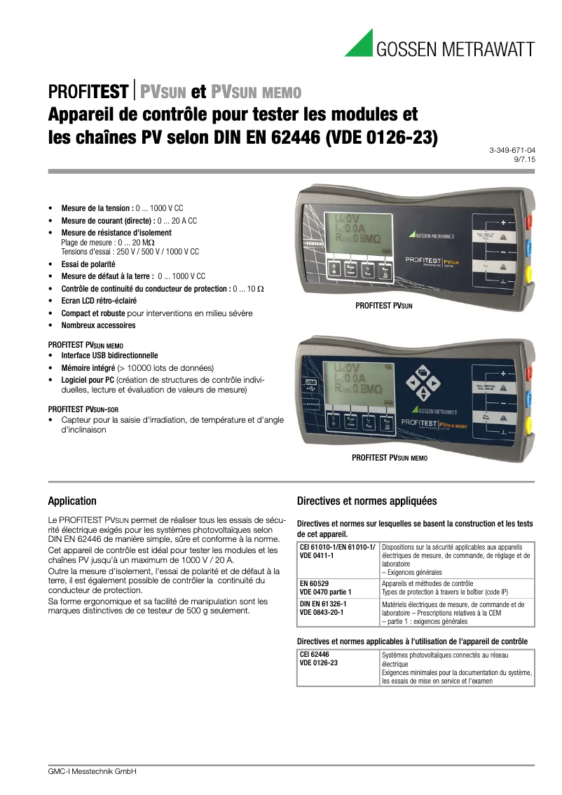 Page 1 de la notice Fiche technique Gossen Metrawatt Profitest PVsun memo