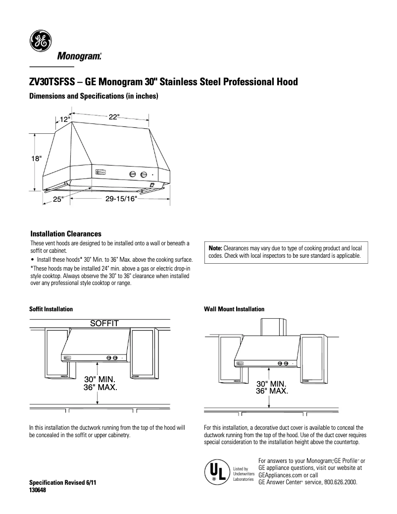 Page 1 de la notice Fiche technique GE ZV30TSFSS