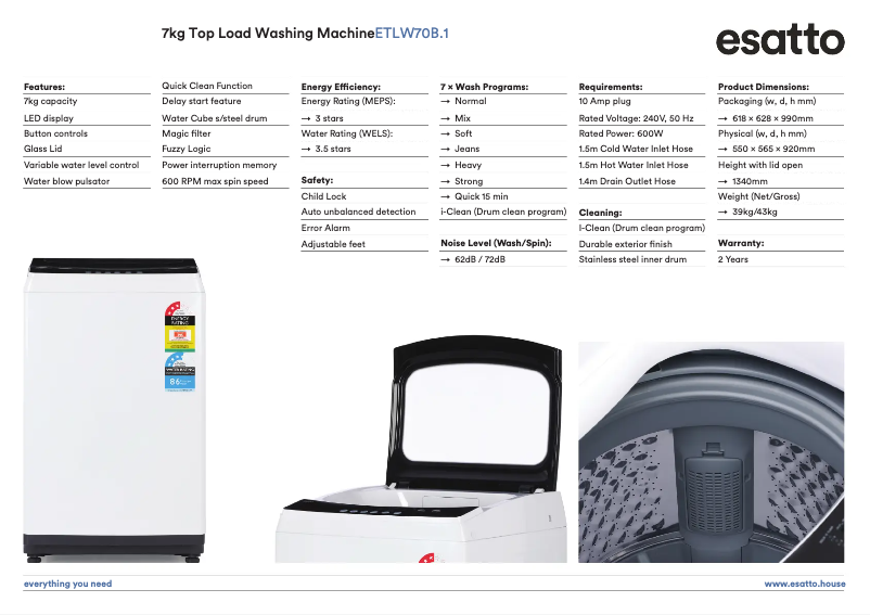 Page 1 de la notice Fiche technique Esatto ETLW70B.1