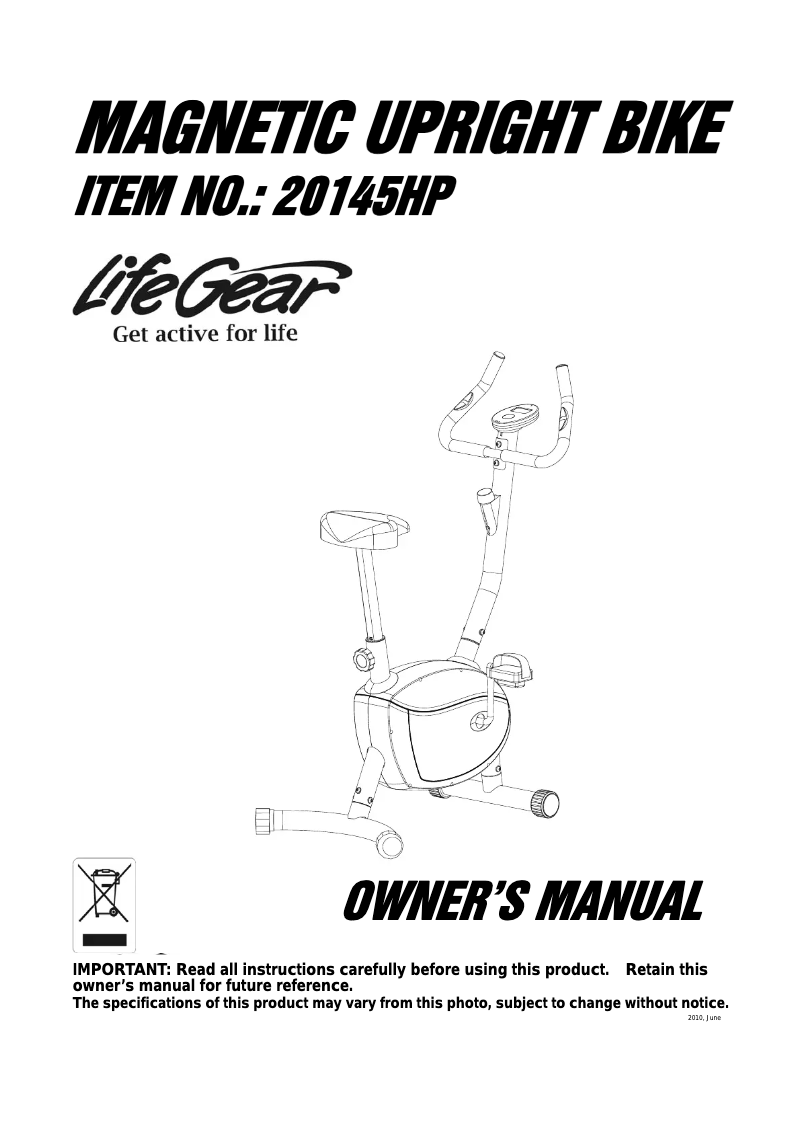 Page n°1 - Manuel utilisateur Life Gear Magnetic Upright Bike 20145HP