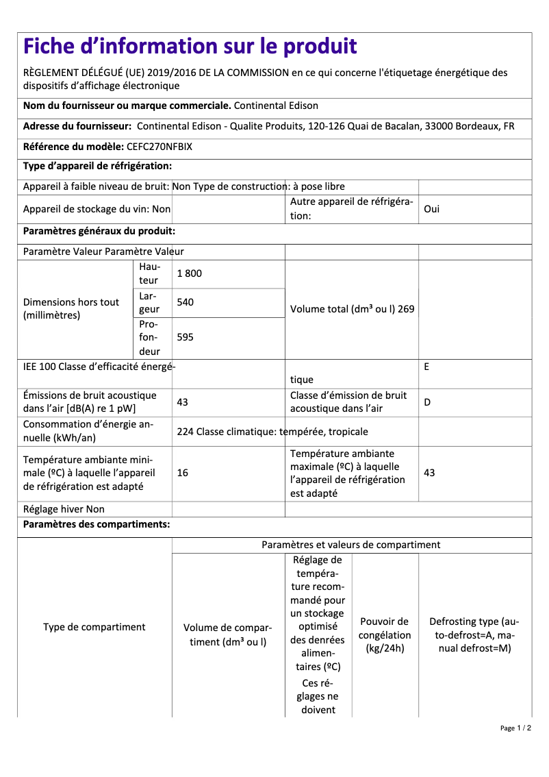 Image de la première page du manuel de l'appareil CEFC270NFBIX