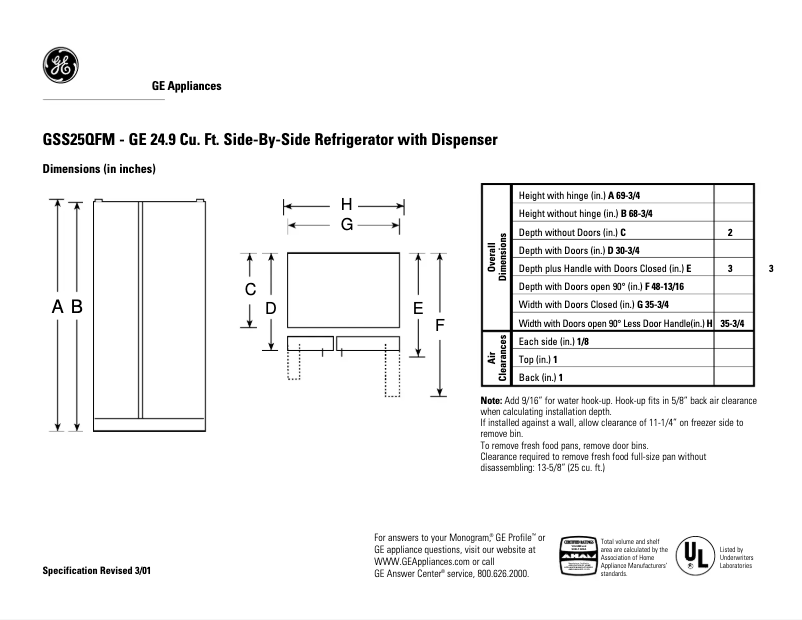 Page n°1 - Fiche technique GE GSS25QFMCC