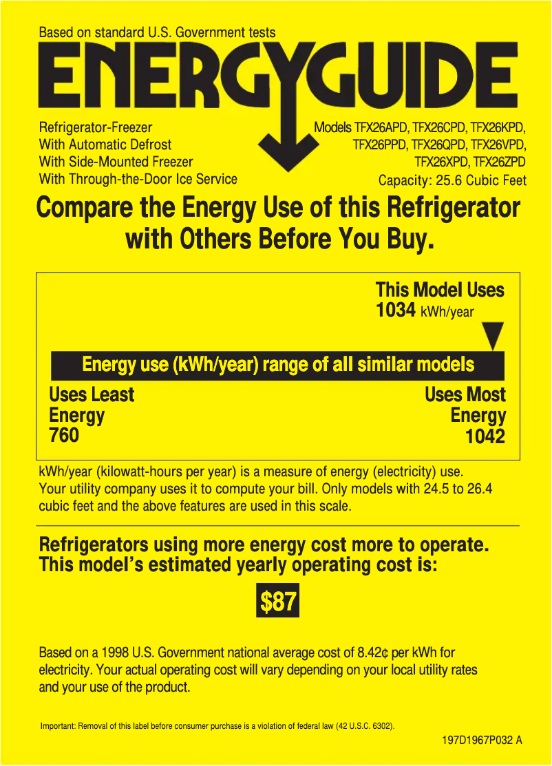 Page 1 de la notice Label énergétique GE Profile Performance TFX26PPDBB