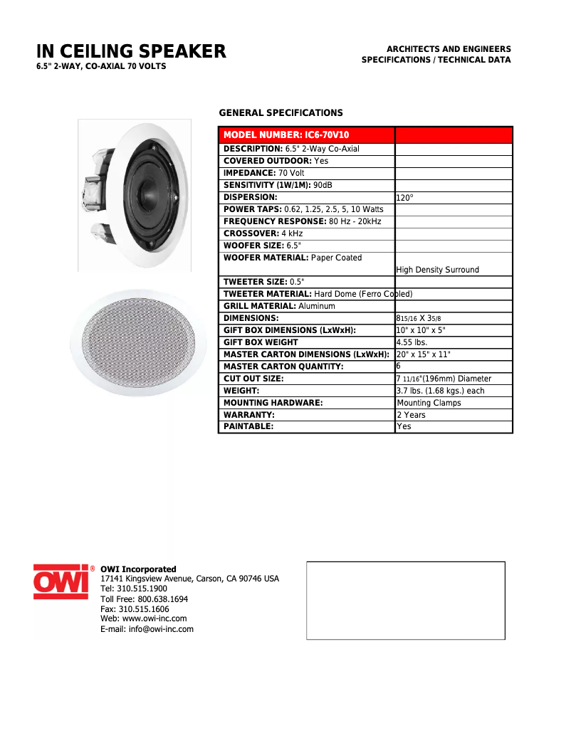 Page 1 de la notice Brochure OWI IC6-70V10