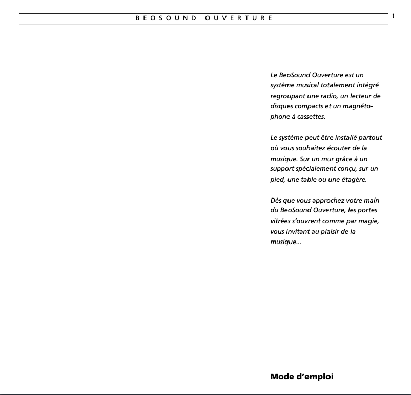 Image de la première page du manuel de l'appareil BeoSound Ouverture