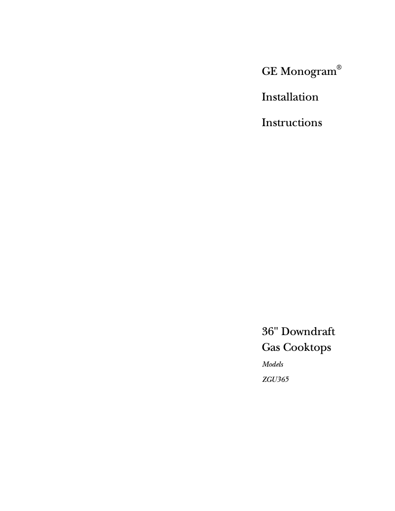 Page n°1 - Guide d'installation GE ZGU365DWBWG