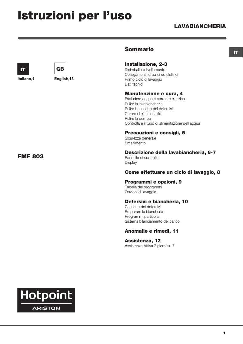 Page 1 de la notice Manuel utilisateur Hotpoint Ariston FMF803