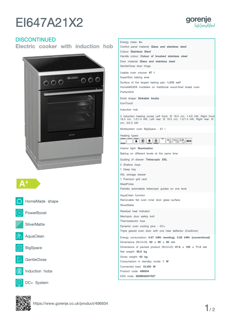 Page n°1 - Fiche technique Gorenje EI647A21X2