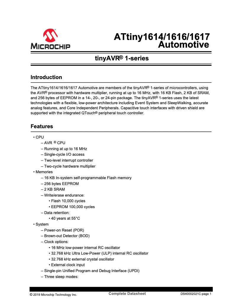 Page 1 de la notice Fiche technique Microchip ATTINY1616
