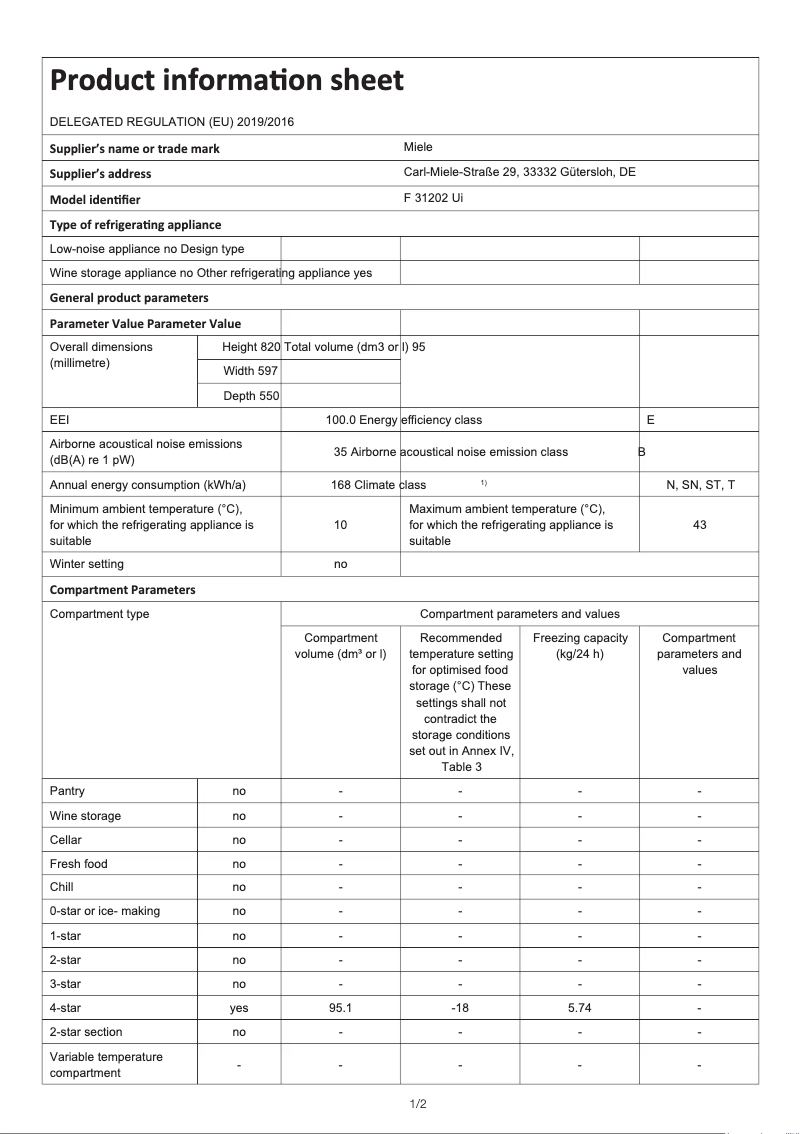 Page 1 de la notice Fiche technique Miele F 31202 Ui