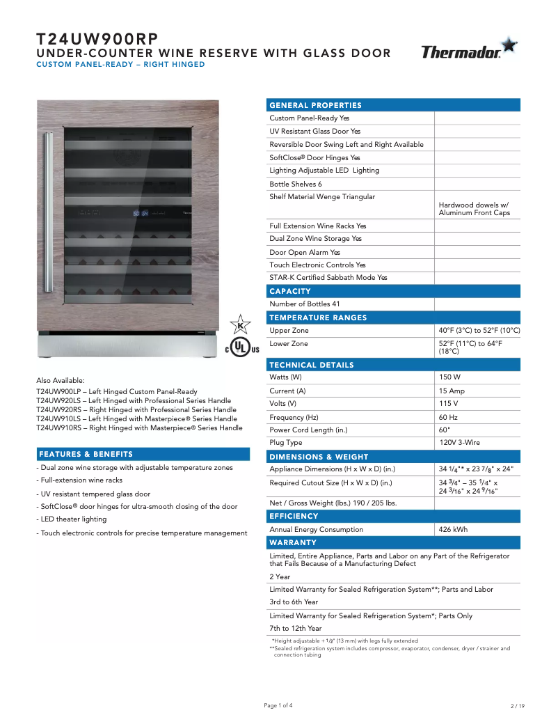 Page 1 de la notice Fiche technique Thermador T24UW900RP