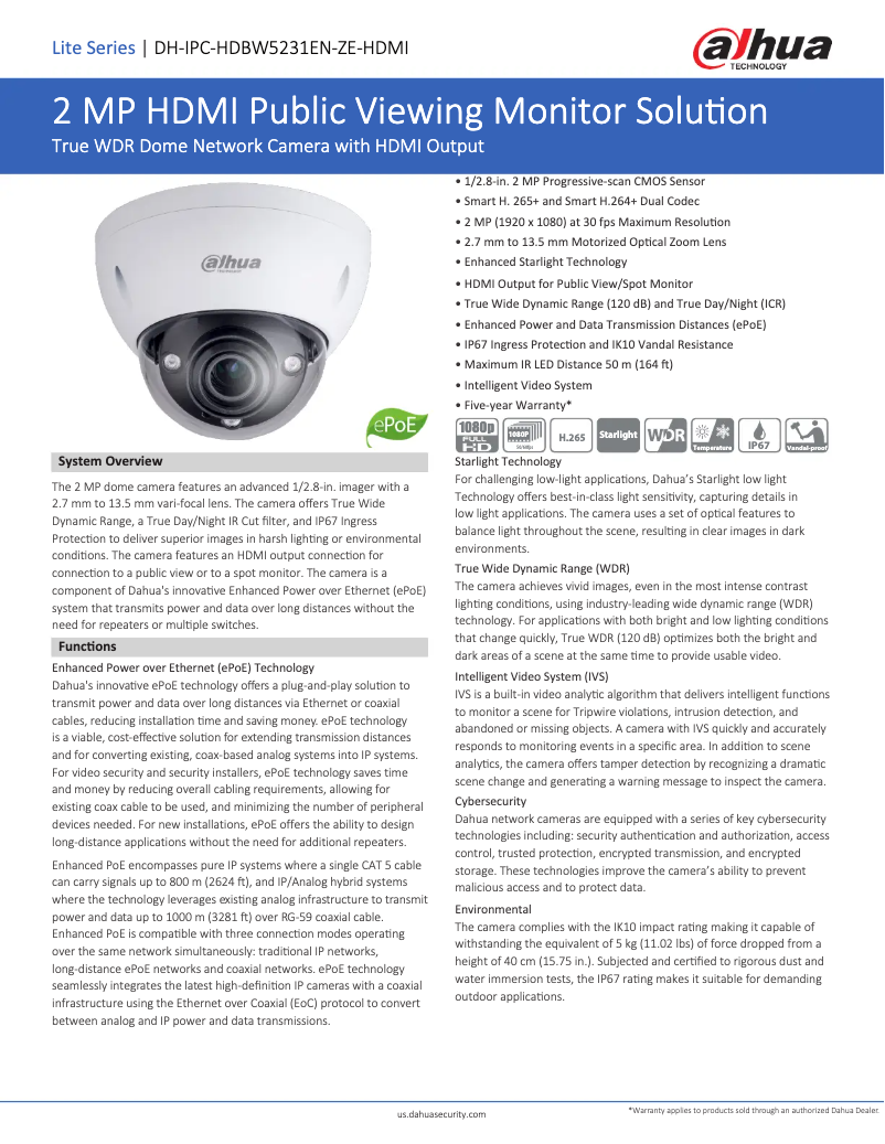 Page 1 de la notice Fiche technique Dahua Technology IPC-HDBW5231E-ZE-HDMI