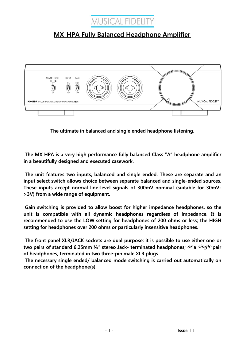 Page n°1 - Manuel utilisateur Musical Fidelity MX-HPA
