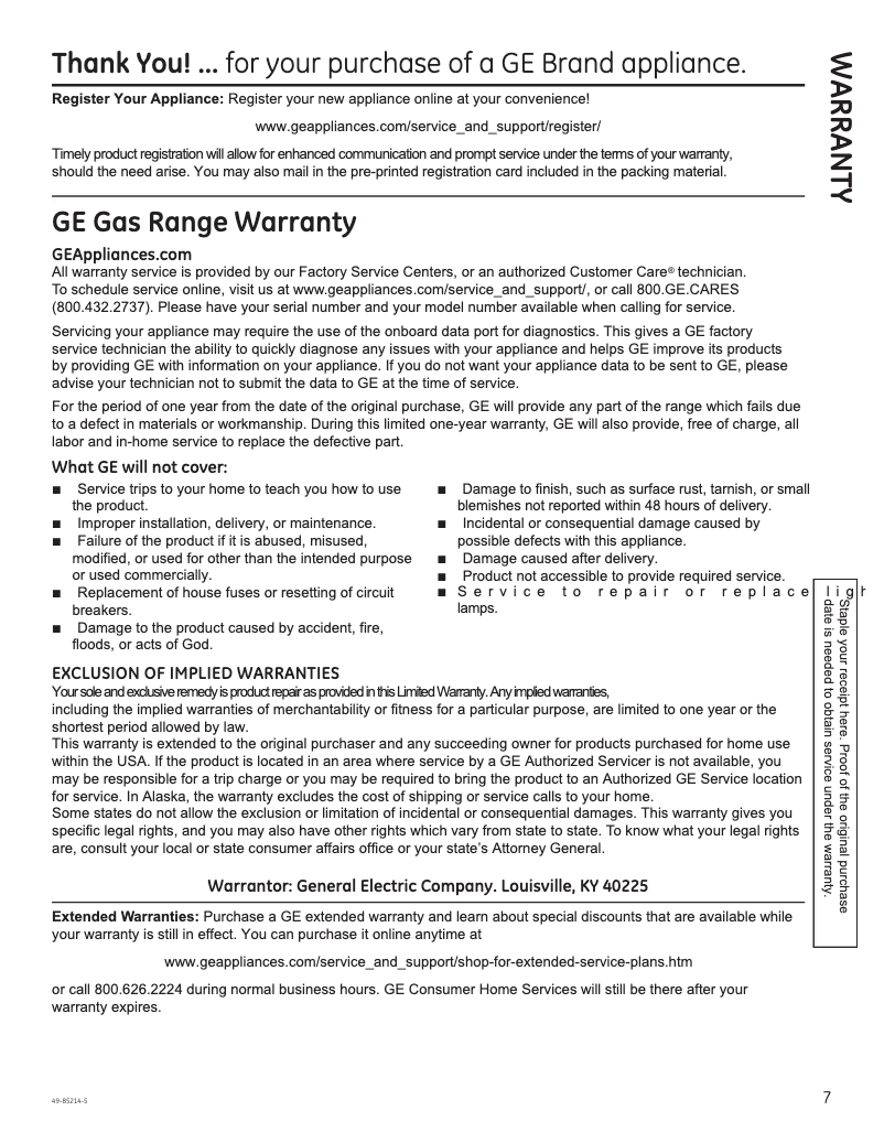Page 1 de la notice Informations de garantie GE JGB635DEKWW