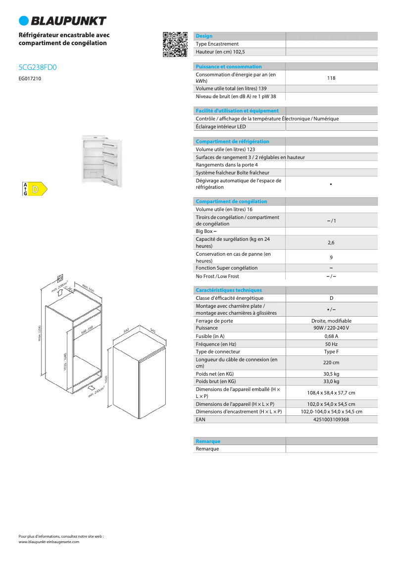 Page 1 de la notice Fiche technique Blaupunkt 5CG238FD0