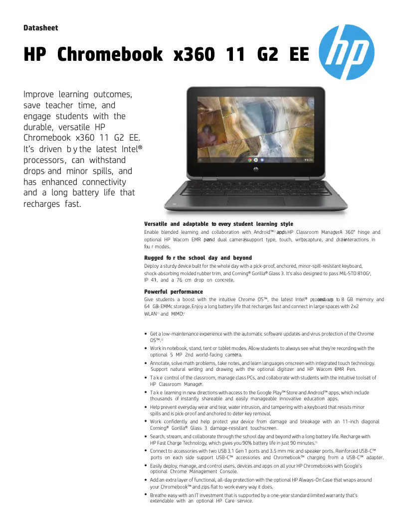 Page 1 de la notice Fiche technique HP Chromebook x360 11 G2 EE
