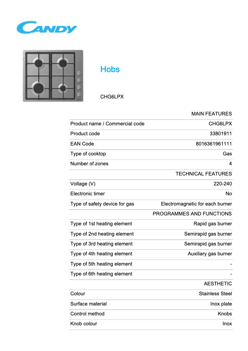 Page 1 de la notice Fiche technique Candy CHG6LPX
