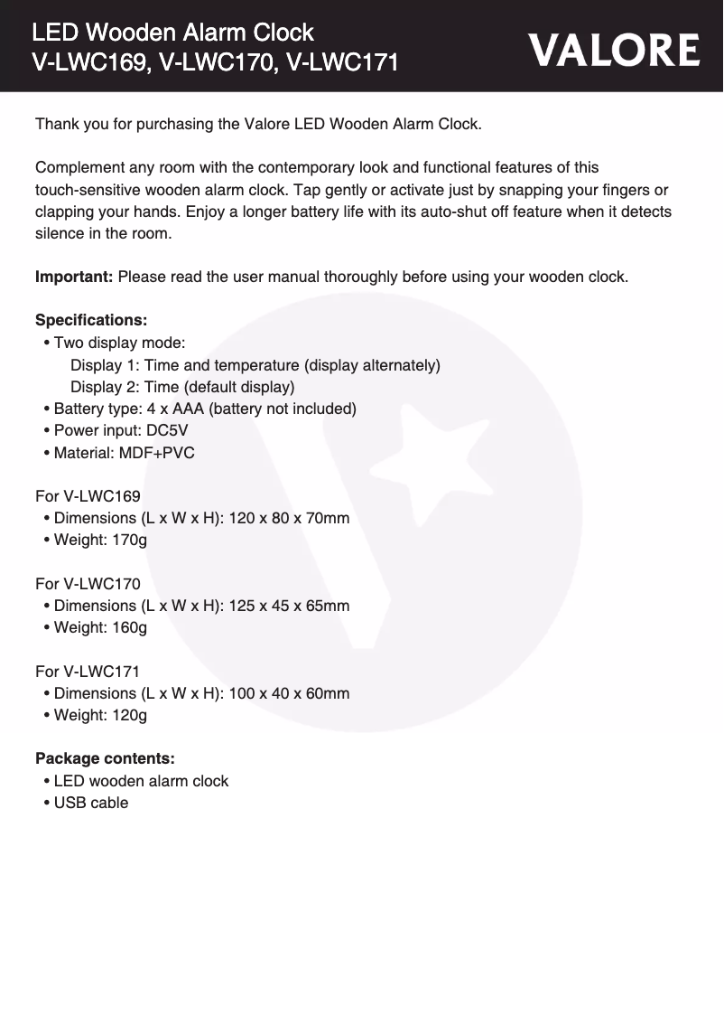 Page 1 de la notice Manuel utilisateur Valore V-LWC169