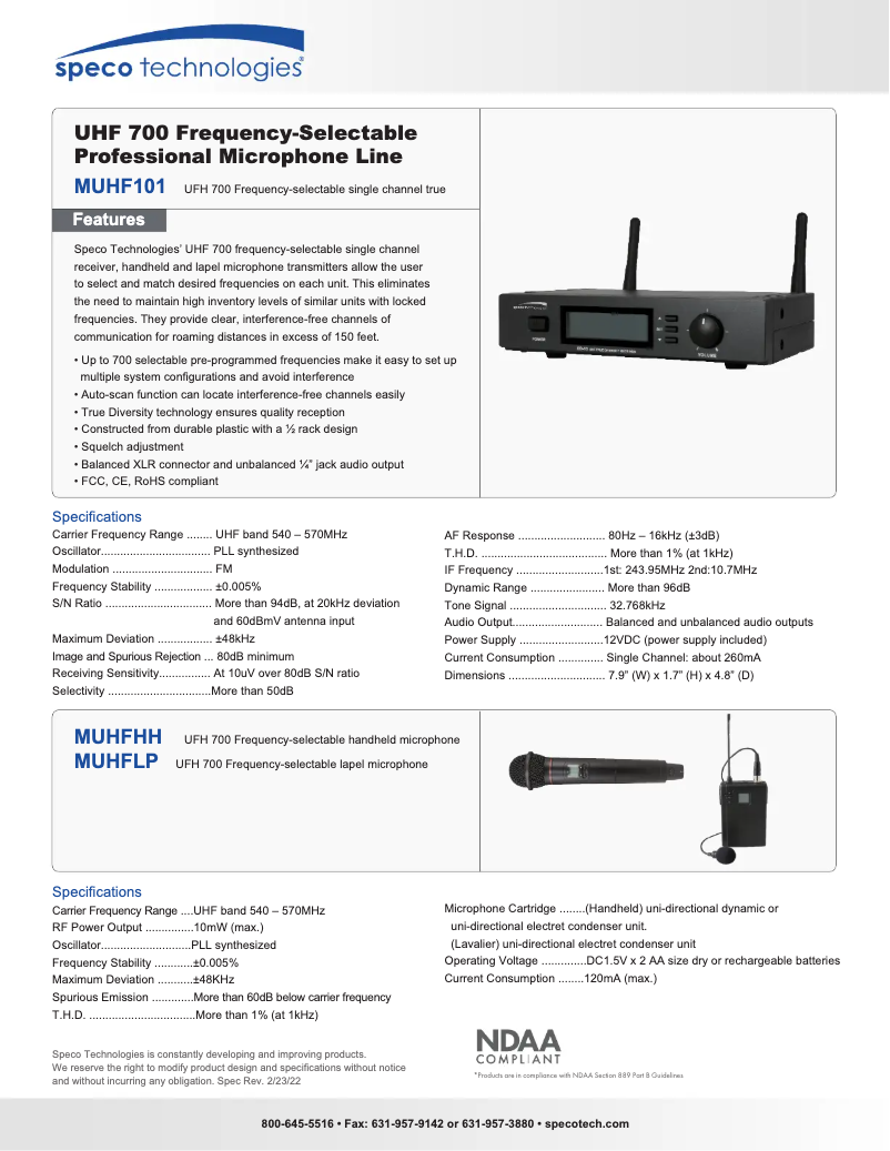 Page 1 de la notice Manuel utilisateur Speco Technologies MUHFLP