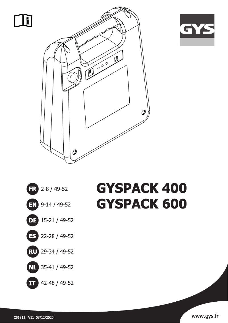 Page 1 de la notice Manuel utilisateur GYS Gyspack 400