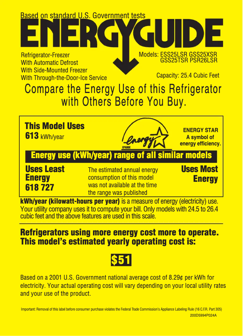 Page 1 de la notice Label énergétique GE ESS25LSRSS