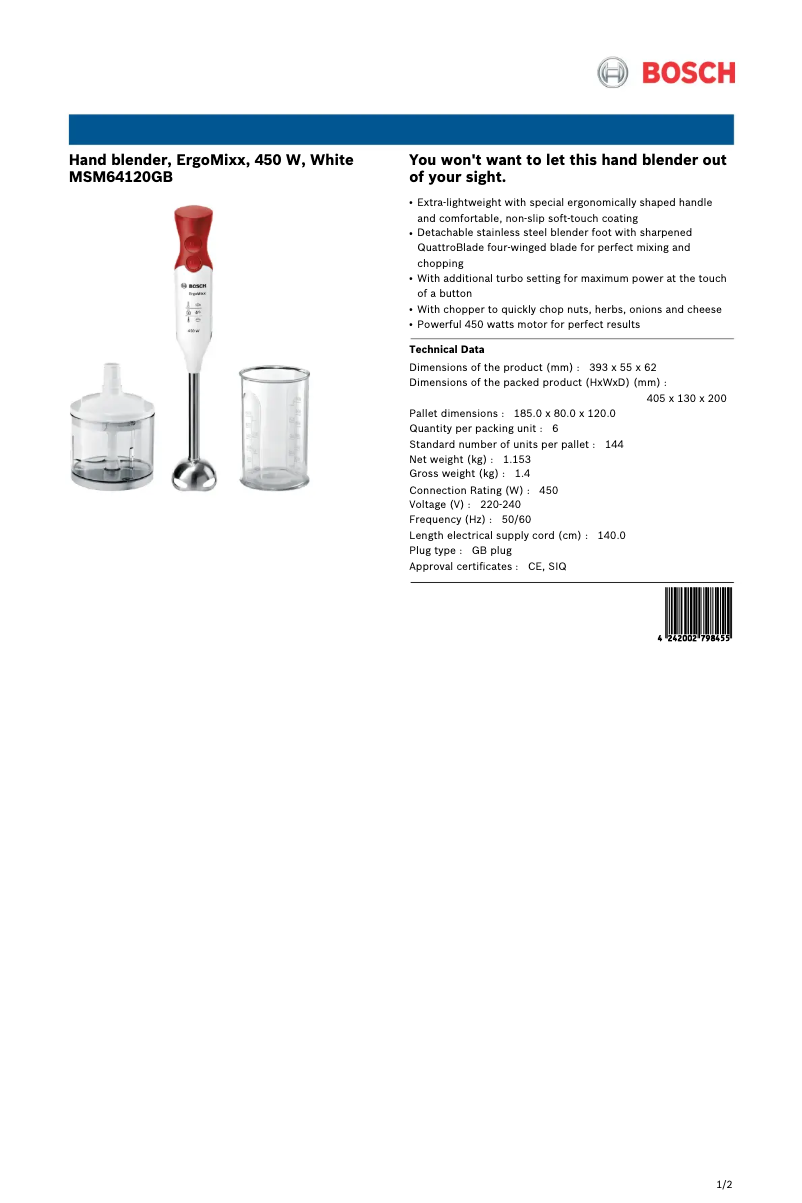 Page 1 de la notice Fiche technique Bosch ErgoMixx MSM64120GB